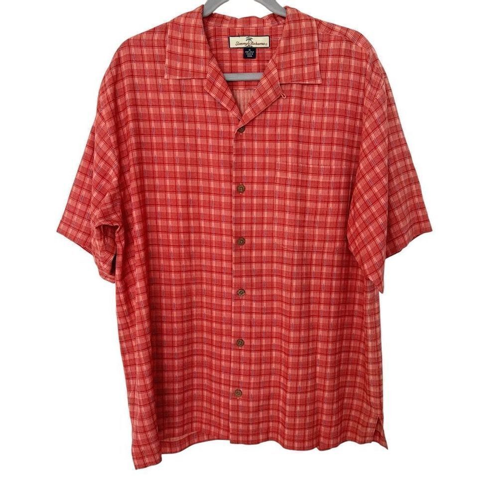 Tommy Bahama Men’s Red & Pink Plaid Short Sleeve Button Down Silk Shirt Size Med